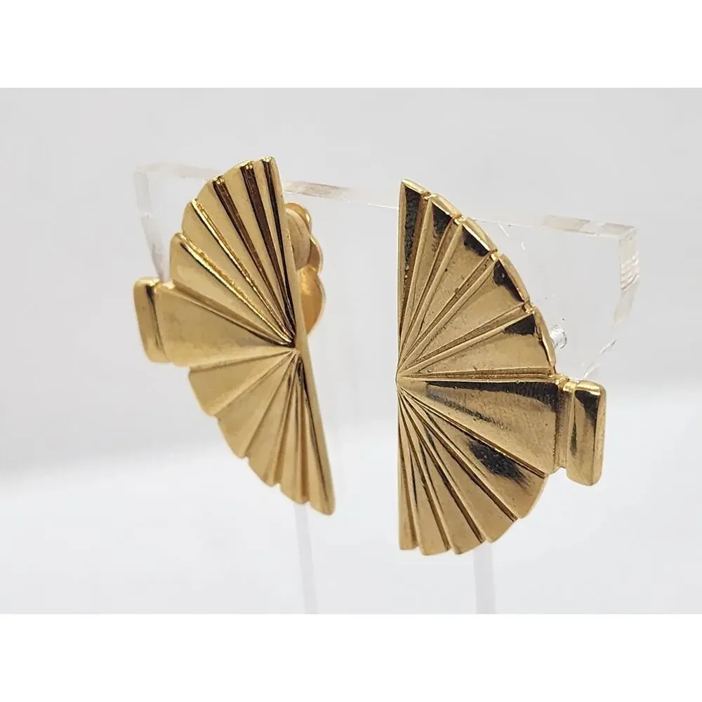 Vintage KARL LAGERFELD Art Deco FAN Clip-on Earrings Gold Tone